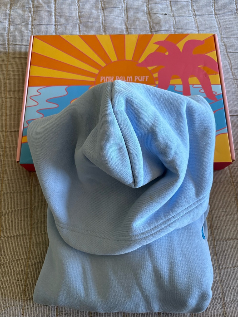Light Blue Pink Palm Puff Hoodie, Size XS